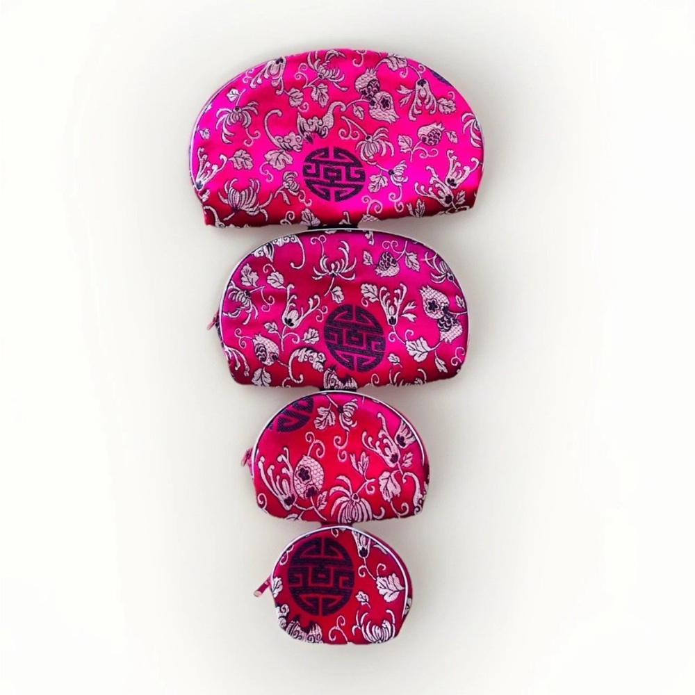 Set Of 4 Nested Pouches Cosmetics Coin Pouches Red Chinese Silk Brocade design